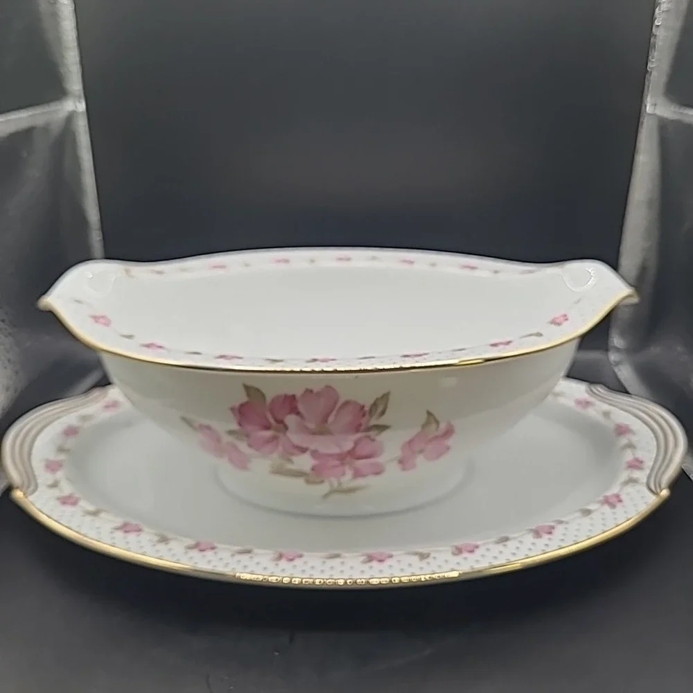 Vintage Noritake Elaine 5210 Gravy Boat Underplate‎ Pink Floral Gold Trim